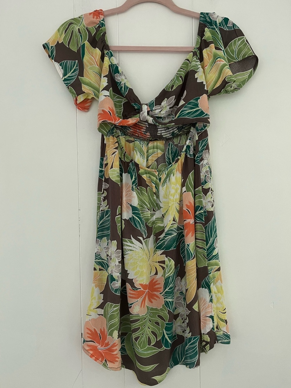 Volcom Escapism Smocked Floral Cutout Plunge Neck Mini Dress Green Size Small